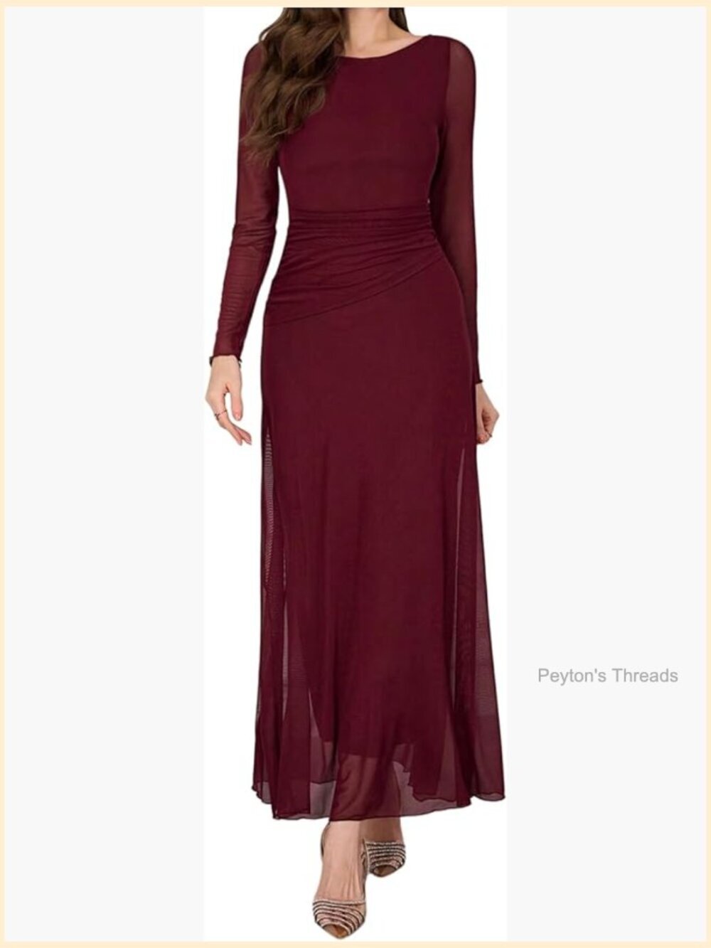 Elegant Mesh Maxi Dress Ruched Long Sleeve Ruffle A Line Party Dress